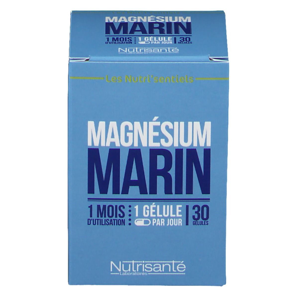 Emballage produit bleu. Inscription: MAGNÉSIUM MARIN, 1 mois, 1 gélule par jour. Marque: Nutrisanté.