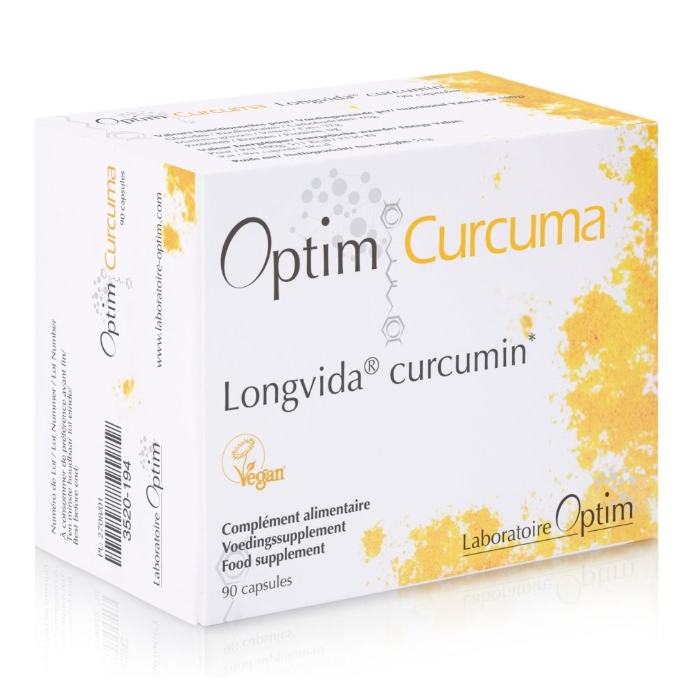 Optim Curcuma : boîte de 90 capsules, sans gluten et végétalien.