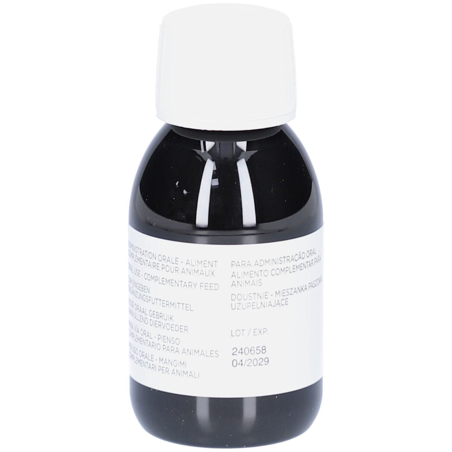 Rückseite einer Flasche mit brauner Flüssigkeit und weißem Deckel. Text in mehreren Sprachen.