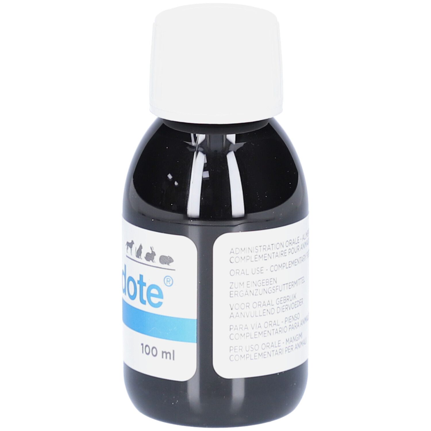 Flasche mit brauner Flüssigkeit und weißem Deckel. Aufschrift Carb, blaue Linie, 100 ml.