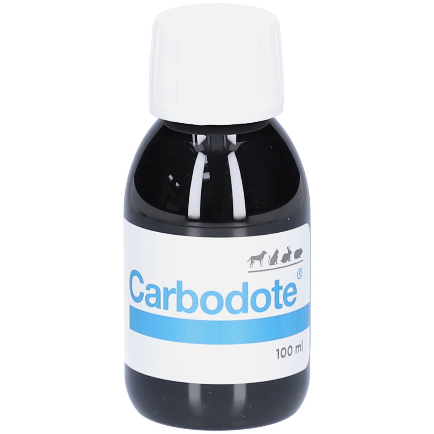 Flasche mit brauner Flüssigkeit und weißem Deckel. Aufschrift Carb, blaue Linie, 100 ml.