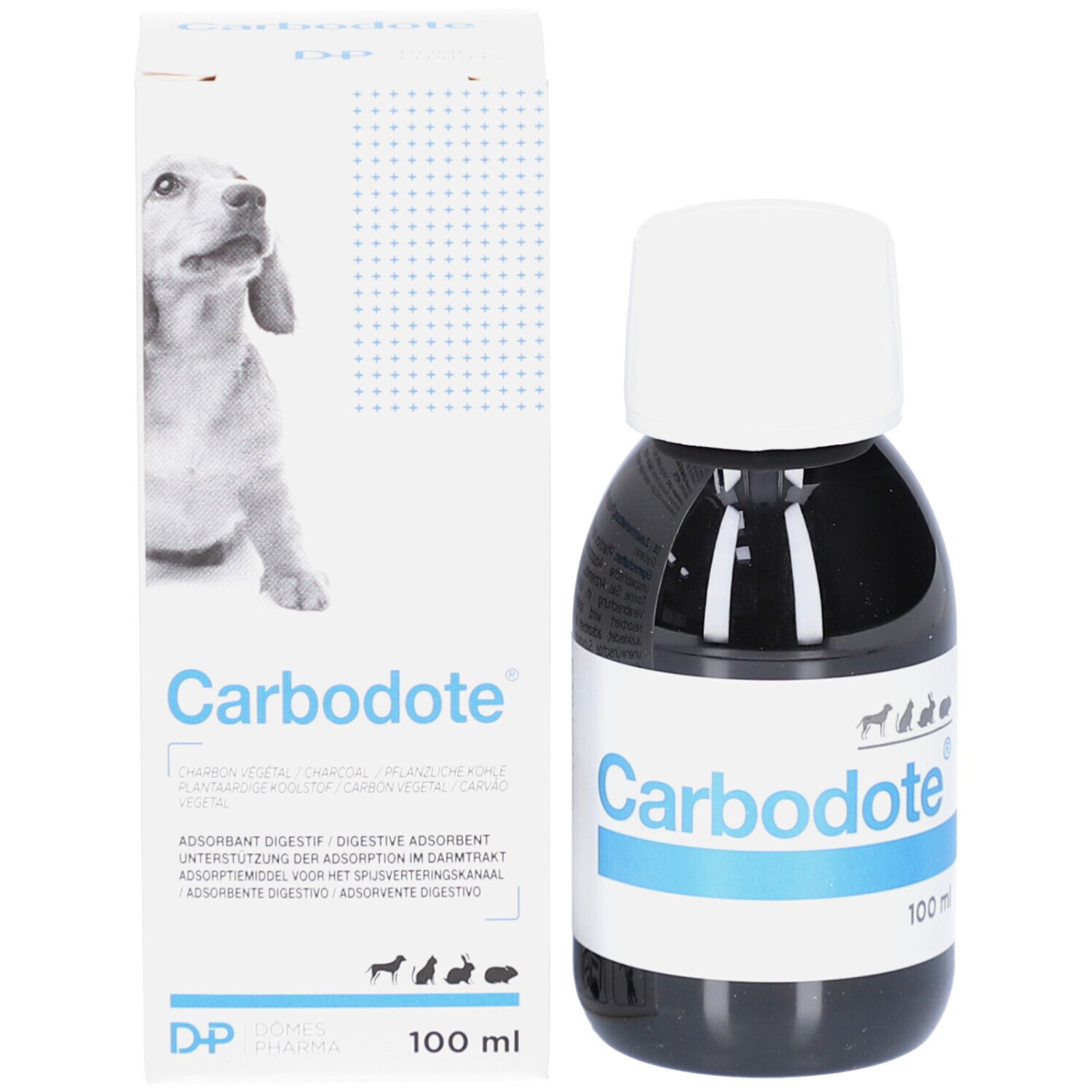 Produktverpackung und Flasche. Aufschrift Carb, blaue Linie, 100 ml. Hund auf der Verpackung.