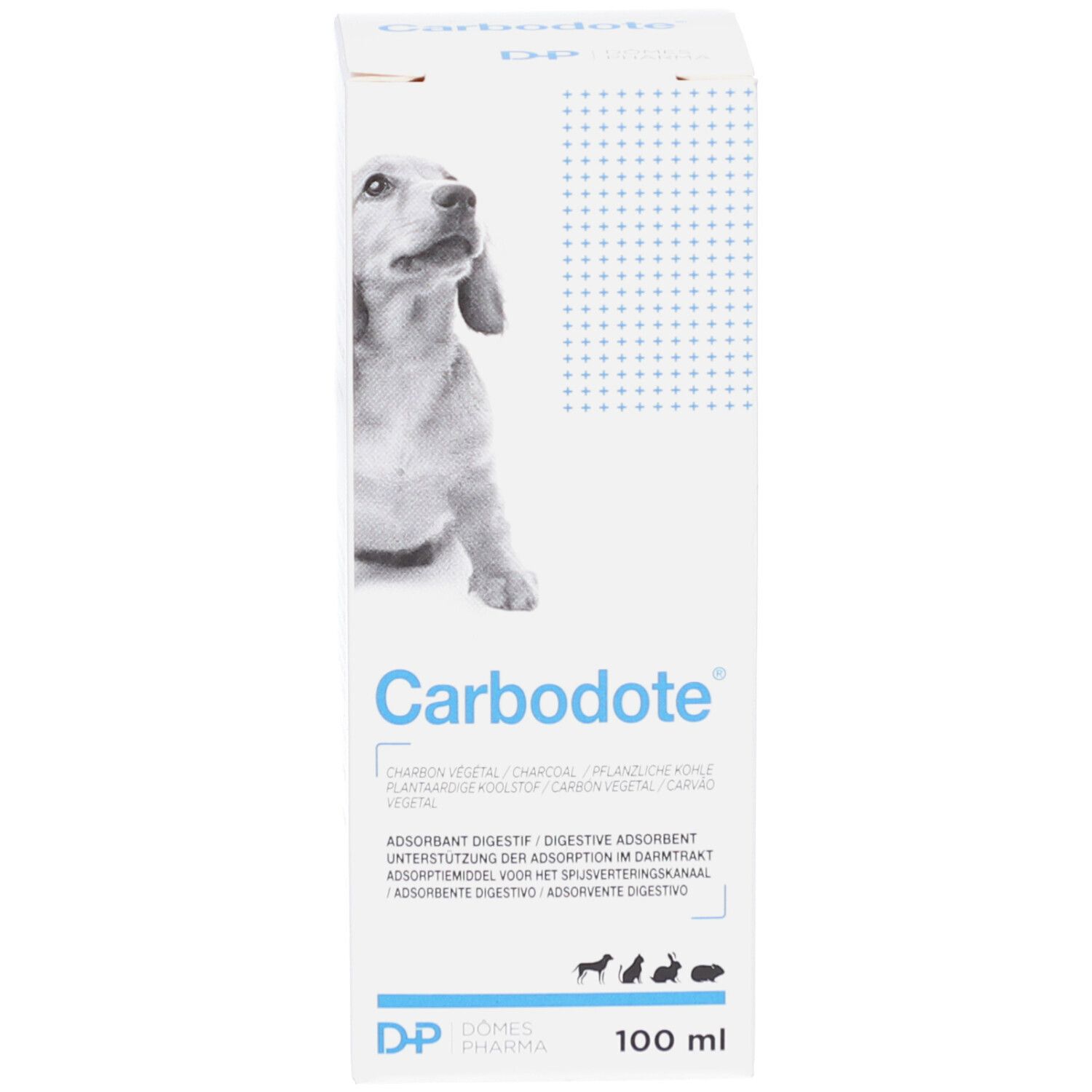 Produktverpackung. Aufschrift Carb, blaue Linie, 100 ml. Hund auf der Verpackung.