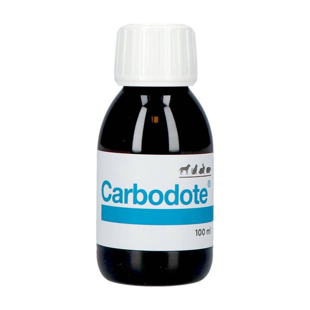 Emballage du produit. Inscription Carb, ligne bleue, 100 ml. Chien sur l'emballage.