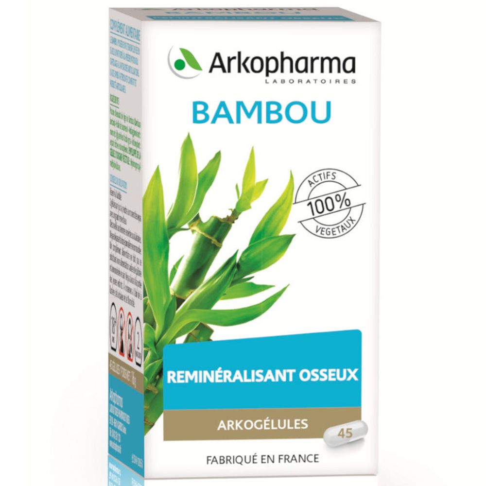 Kartonverpackung mit Arkopharma Bambou. Aufdruck: Reminéralisant osseux, 100% végétal. Enthält 45 Kapseln.