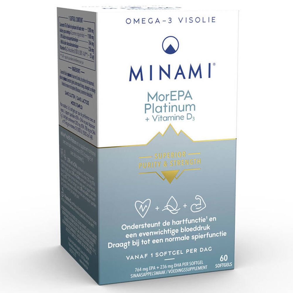 Karton mit Minami MorEPA Platinum + Vitamin D3. Enthält 60 Softgels. Aufschrift: Omega-3 Visolie.