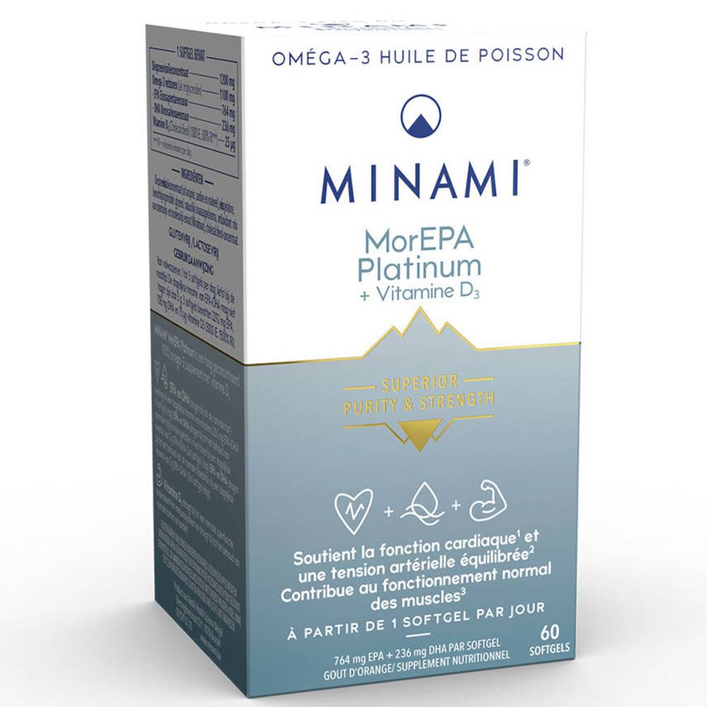 Karton mit Minami MorEPA Platinum + Vitamin D3. Enthält 60 Softgels. Aufschrift: Oméga-3 Huile de Poisson.
