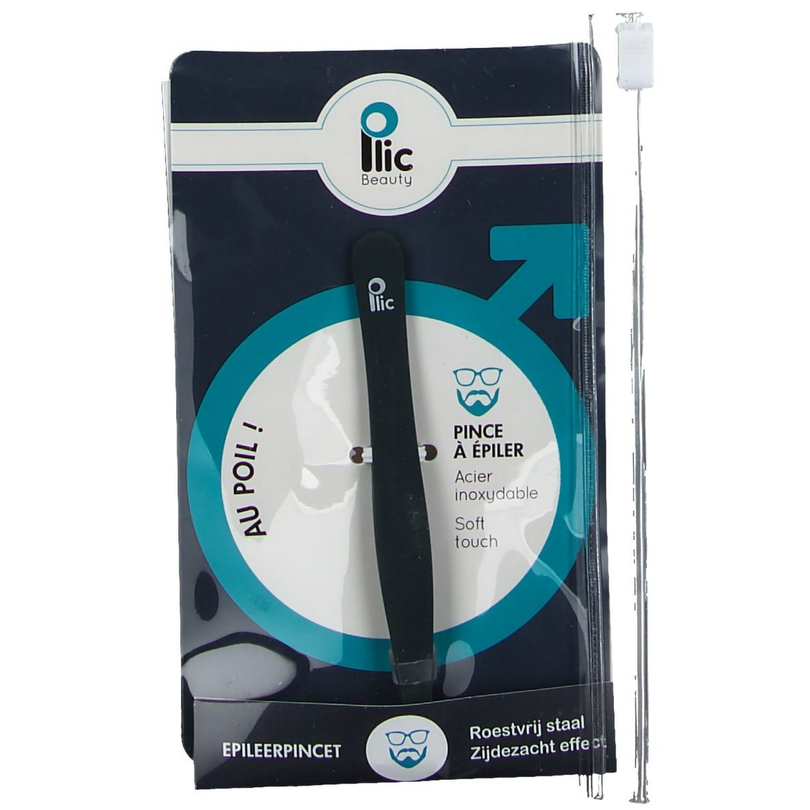 Pince à épiler noire dans un emballage. Inscription : "Plic Beauty". À côté de la pince : tige métallique avec embout blanc.