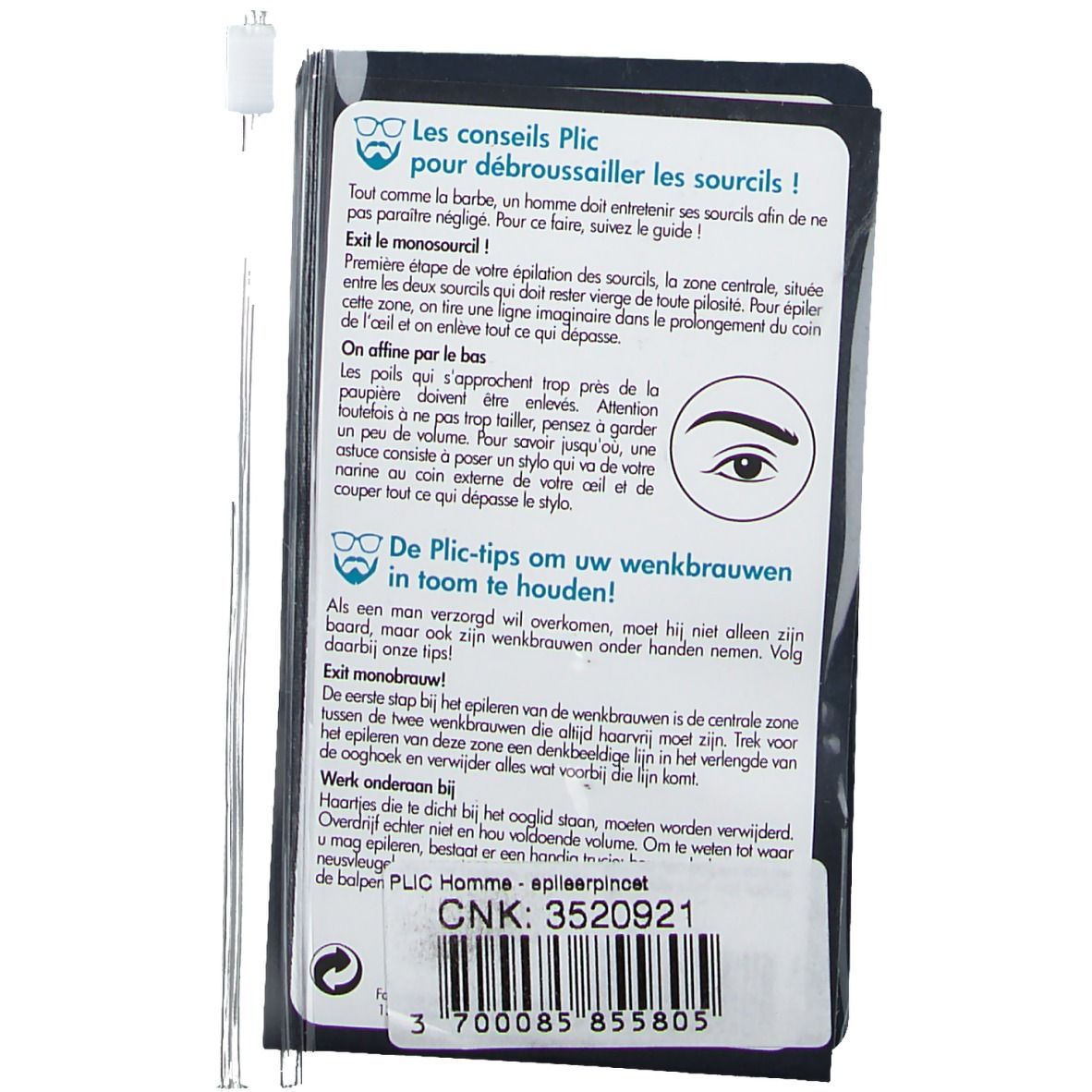 Dos de l'emballage avec texte. Contient des instructions et des informations sur le produit. Tiges métalliques avec embout blanc à côté.