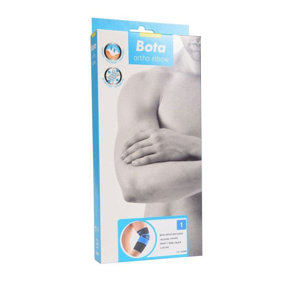 Emballage Bota ORTHO ELBOW. Bleu et blanc. Illustration d'un bras. Image du produit. Taille 1 (20 cm).