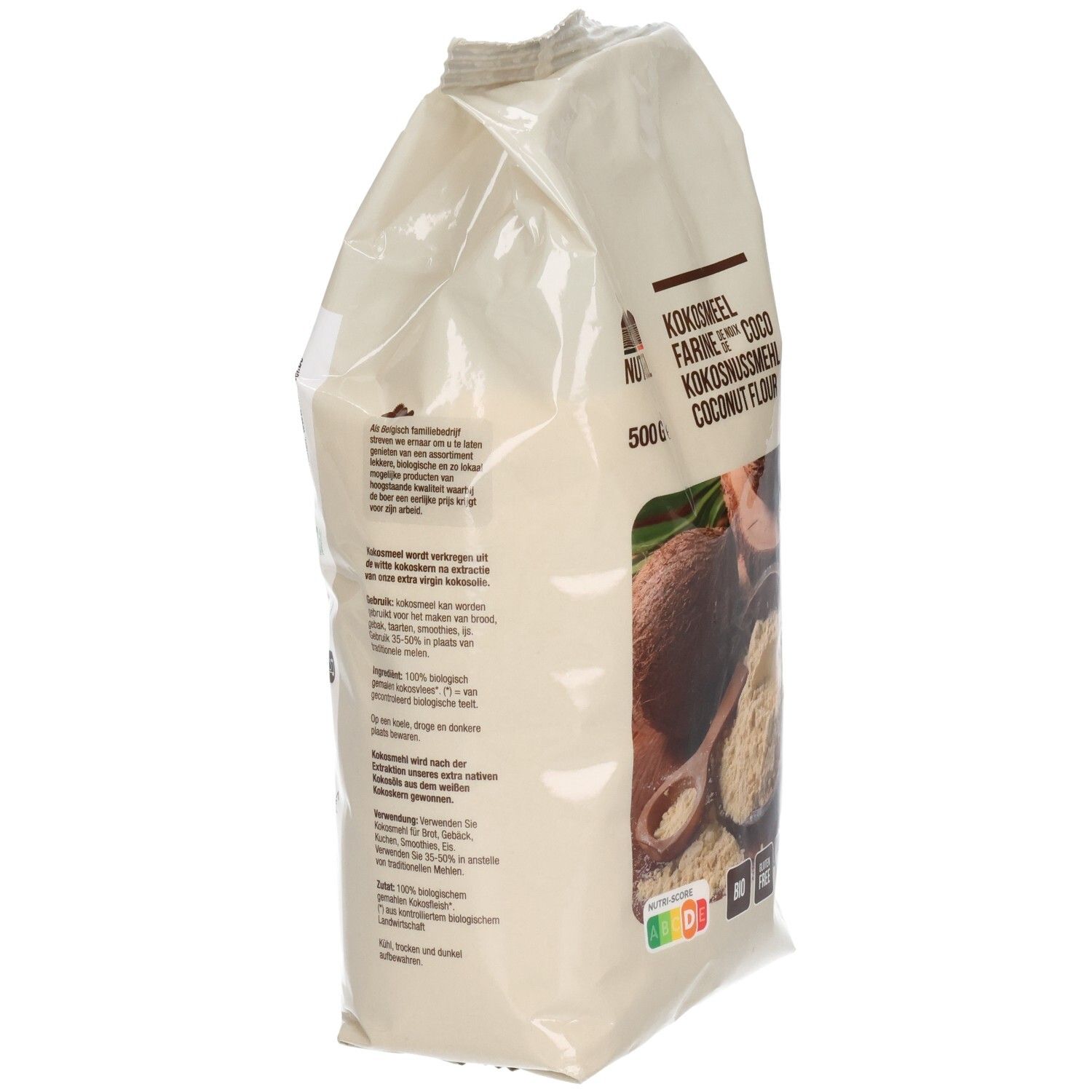 Beutel Kokosmehl, Seitenansicht. Aufdrucke: Nutribel, Kokosmehl, 500g. Text und Logos. Rückseite mit Text und Logos.