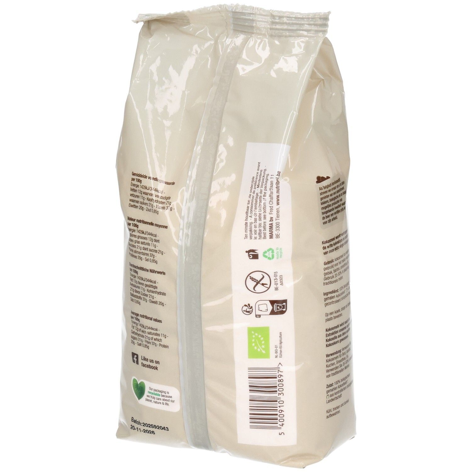 Rückseite des Kokosmehl-Beutels. Text, Logos, Bio-Siegel, glutenfrei, vegan. Barcode.