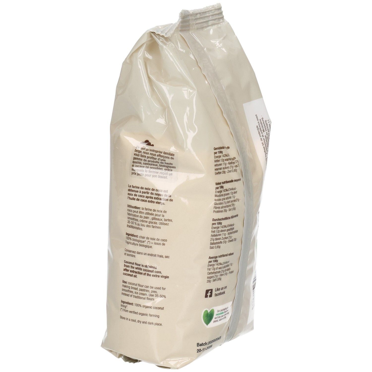 Rückseite des Kokosmehl-Beutels. Text, Logos, Bio-Siegel, glutenfrei, vegan. Barcode.