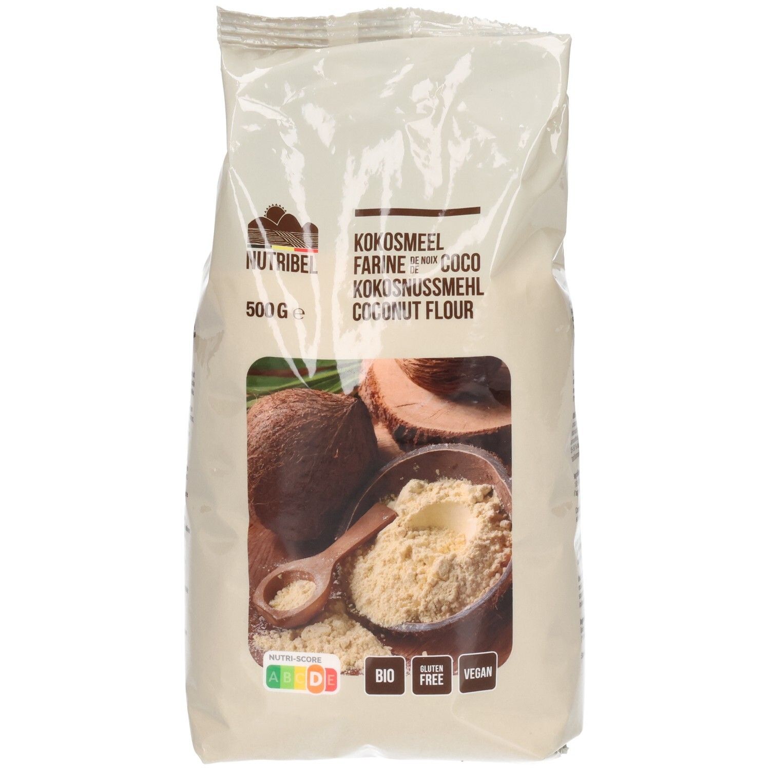 Beutel Kokosmehl. Aufdrucke: Nutribel, Kokosmehl, 500g, Bio, glutenfrei, vegan. Abbildung: Kokosnuss, Mehl, Löffel.