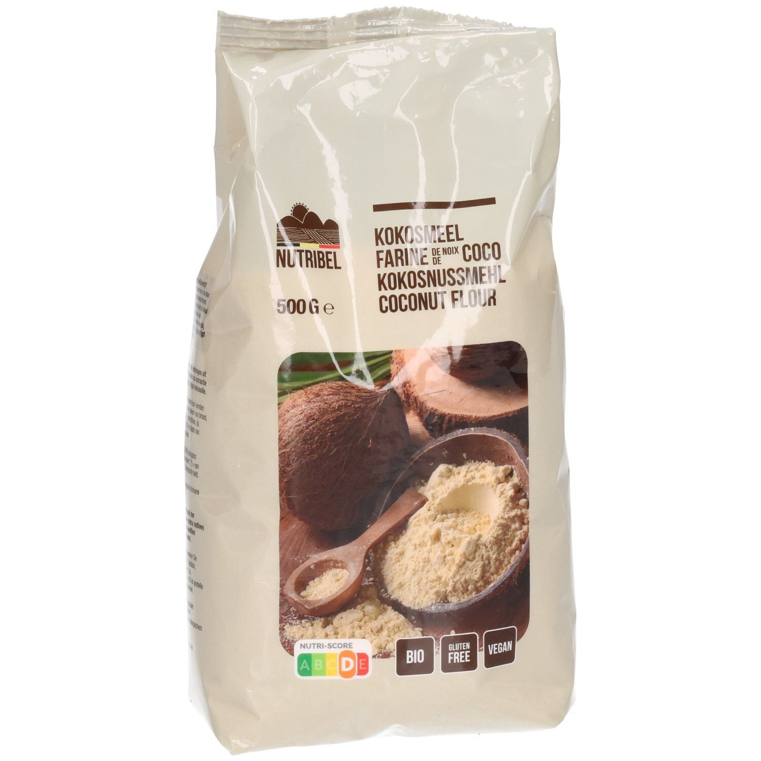 Beutel Kokosmehl. Aufdrucke: Nutribel, Kokosmehl, 500g, Bio, glutenfrei, vegan. Abbildung: Kokosnuss, Mehl, Löffel.