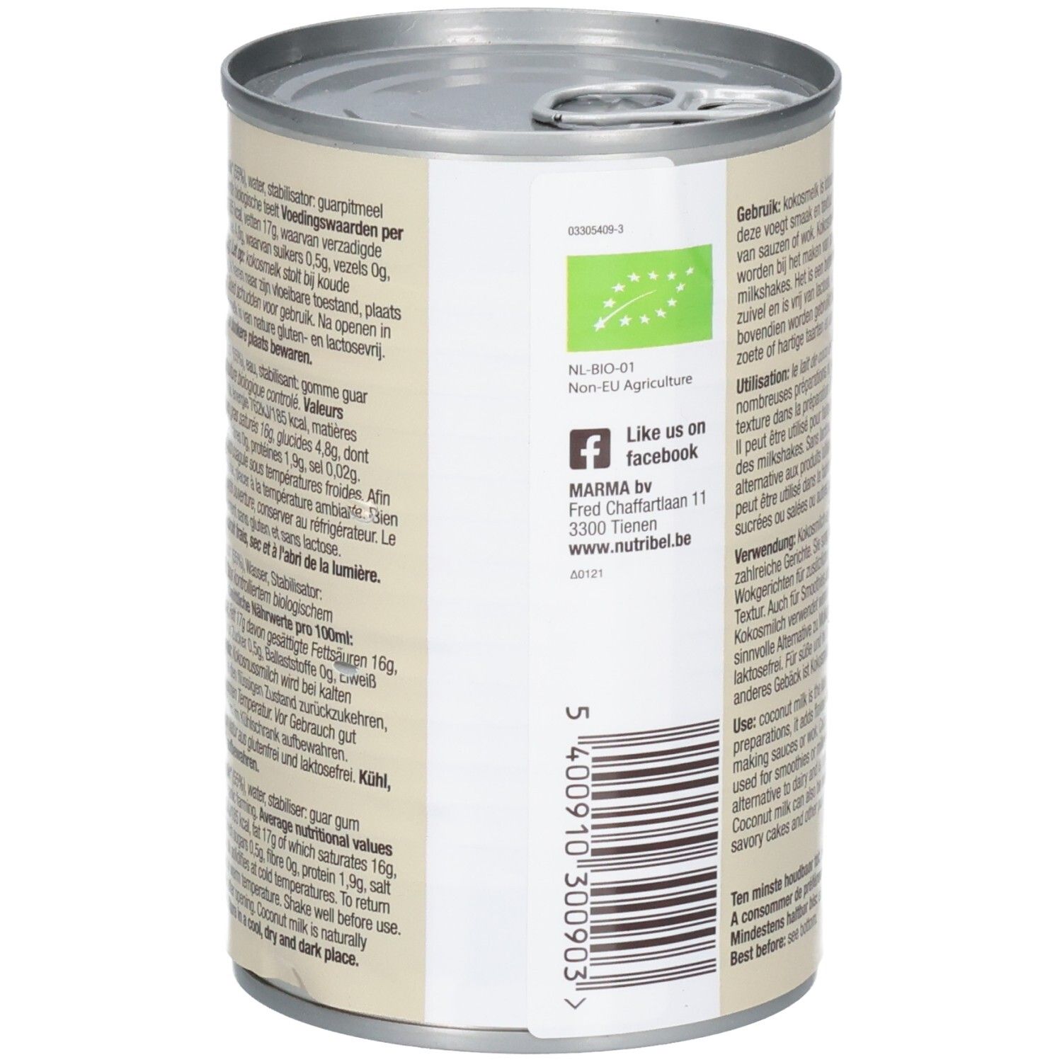 Dose Kokosmilch. Rückseite mit Text und Nährwertangaben. Bio-Siegel. Kontaktinformationen des Herstellers.