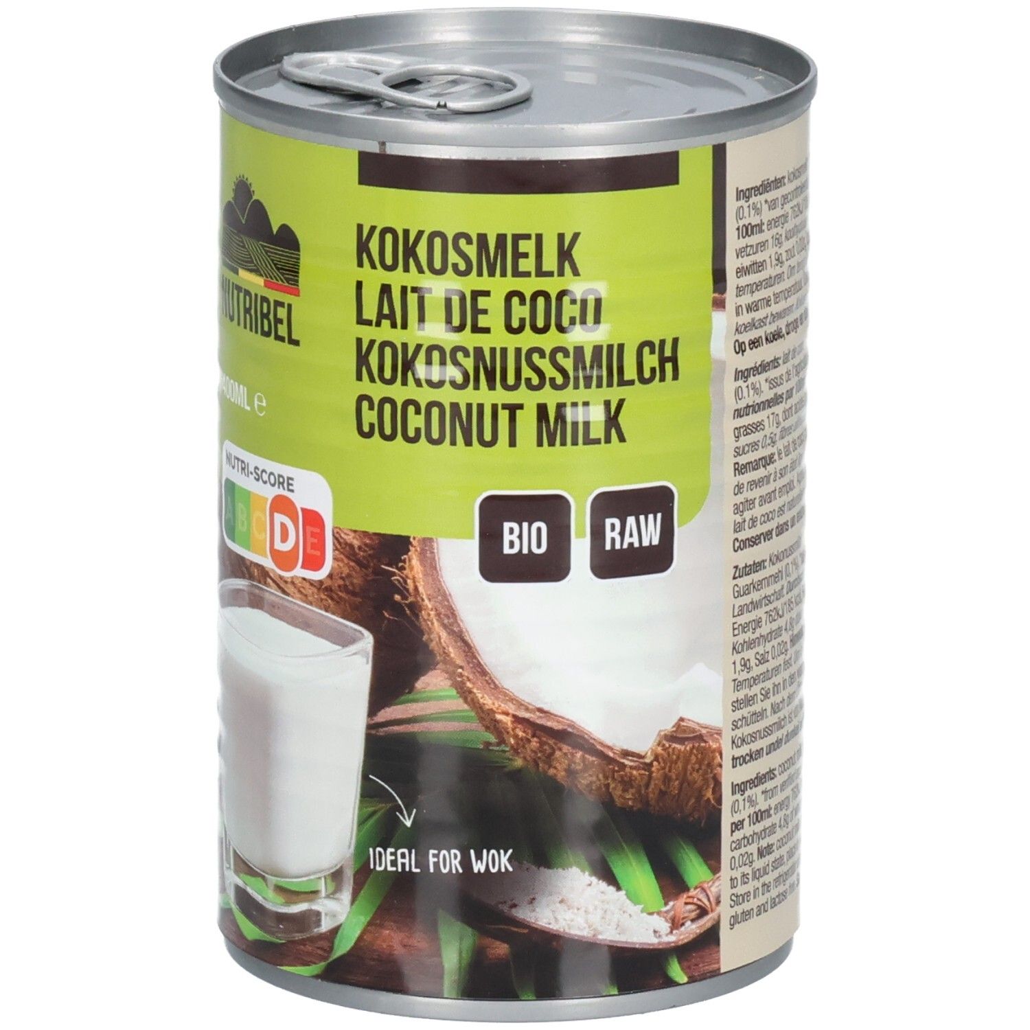 Dose Kokosmilch. Grün-weißes Etikett mit Produktnamen, Logo und Nährwertkennzeichnung. Abbildung von Kokosnuss und Glas Kokosmilch.