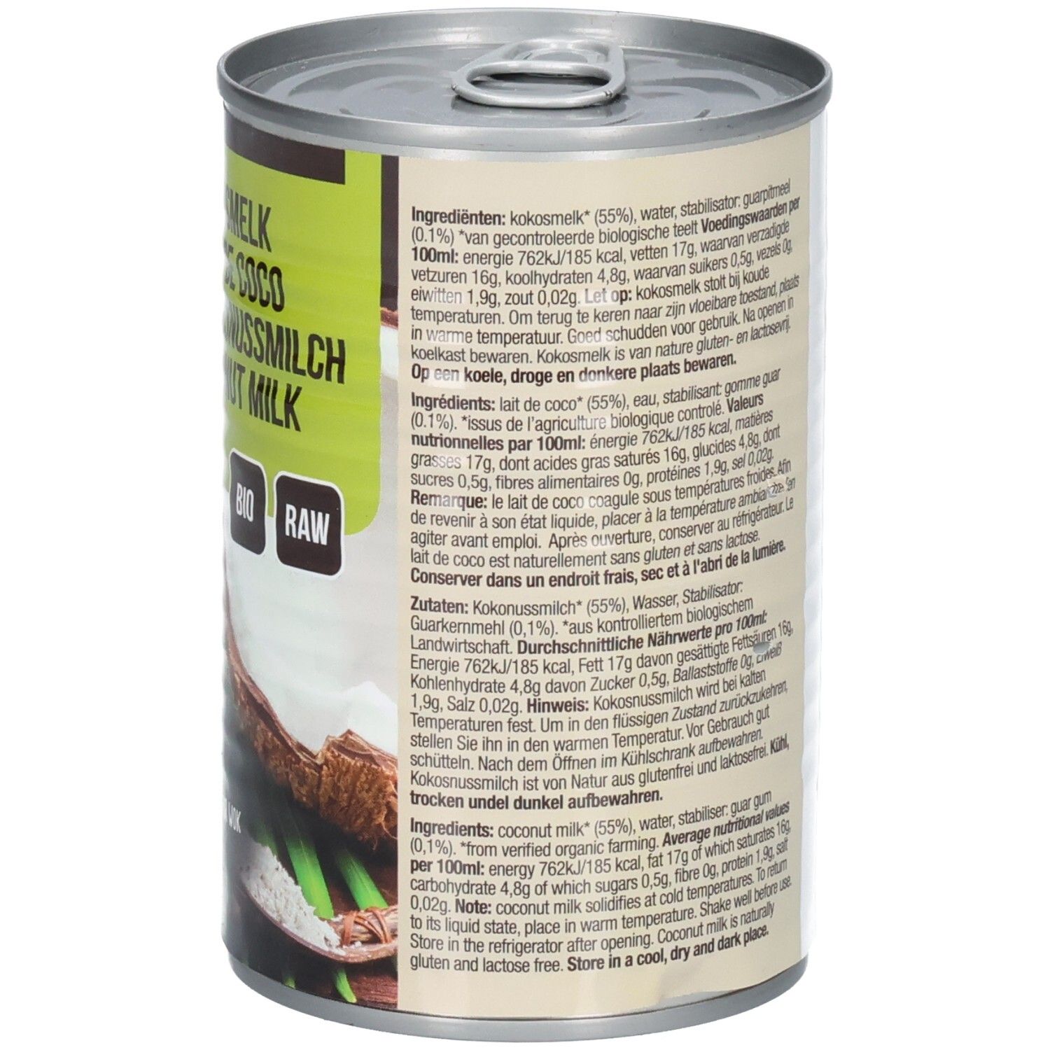 Dose Kokosmilch. Detailansicht der Zutatenliste und Nährwertangaben. Text in mehreren Sprachen. Bio-Siegel.