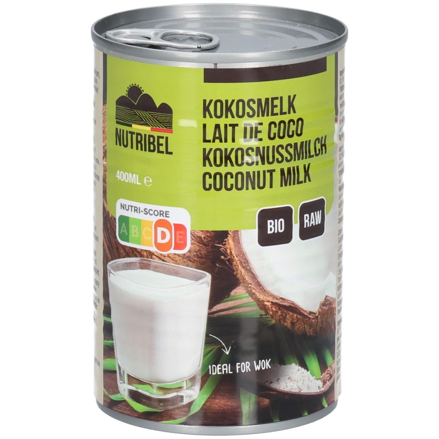 Dose Kokosmilch. Grün-weißes Etikett mit Produktnamen, Logo und Nährwertkennzeichnung. Abbildung von Kokosnuss und Glas Kokosmilch.
