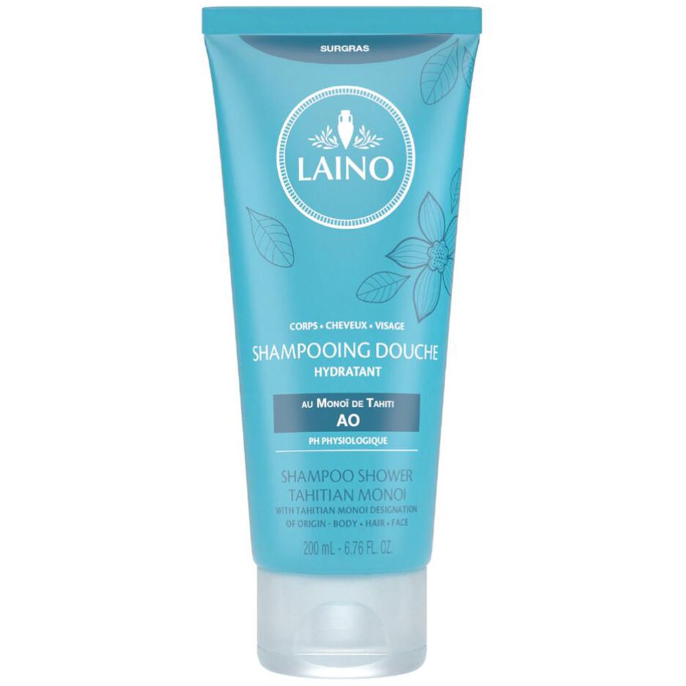 Türkisblaue Tube mit weißem Etikett. Text: LAINO, Shampooing Douche Hydratant, Au Monoï de Tahiti AO. Für Körper, Haare, Gesicht.