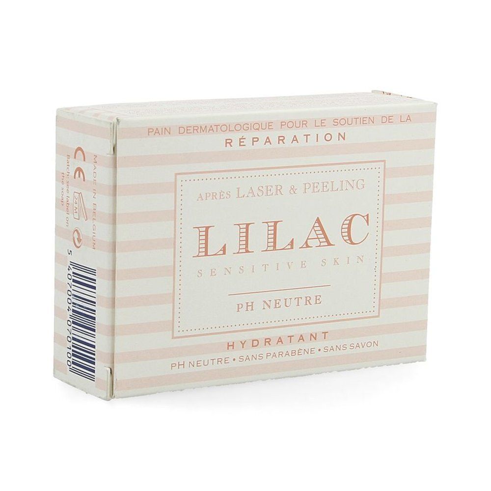 Boîte LILAC, texte: Pour le soutien de la réparation. Après Laser & Peeling, Sensitive Skin, PH Neutre, Hydratant. Sans savon.
