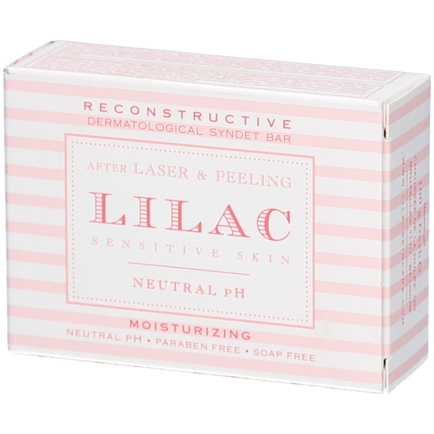 Verpackung mit Produktnamen LILAC, Streifenmuster, Text: After Laser & Peeling, Sensitive Skin, Neutral pH, Moisturizing.