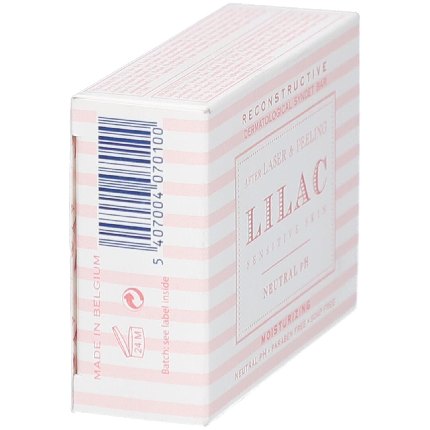 Produktverpackung LILAC, Seitenansicht. Streifenmuster, Text: After Laser & Peeling, Sensitive Skin, Neutral pH. Hergestellt in Belgien.
