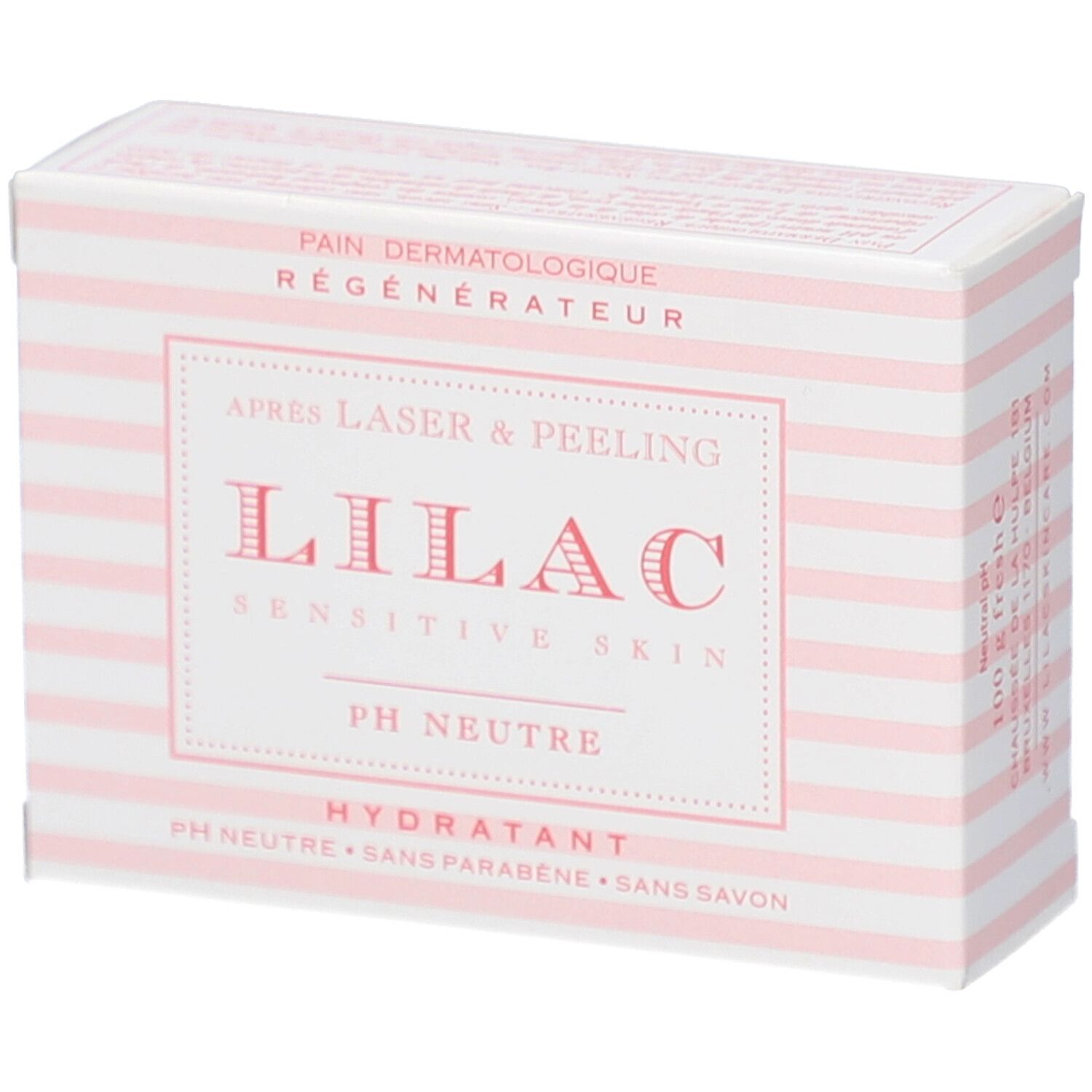 Produktverpackung LILAC, Streifenmuster, Text: Après Laser & Peeling, Sensitive Skin, PH Neutre, Hydratant. Ohne Seife.