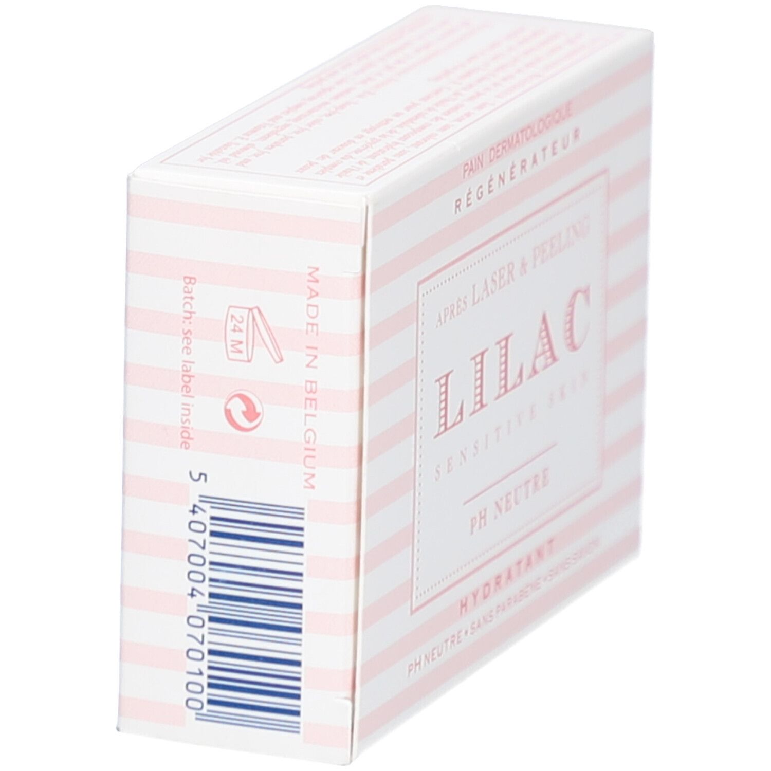 Produktverpackung LILAC, Seitenansicht. Streifenmuster, Text: Après Laser & Peeling, Sensitive Skin, PH Neutre, Hydratant. Made in Belgium.