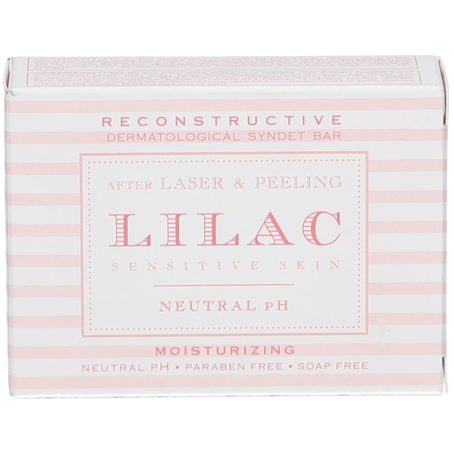 Produktverpackung LILAC, Streifenmuster, Text: After Laser & Peeling, Sensitive Skin, Neutral pH, Moisturizing. Ohne Parabene.