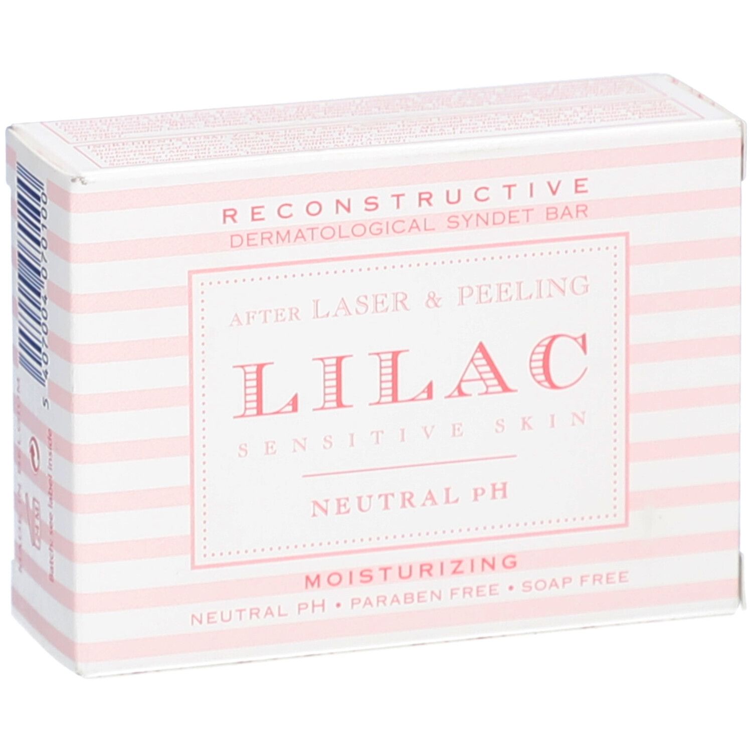 Produktverpackung LILAC, Streifenmuster, Text: After Laser & Peeling, Sensitive Skin, Neutral pH, Moisturizing. Ohne Parabene.