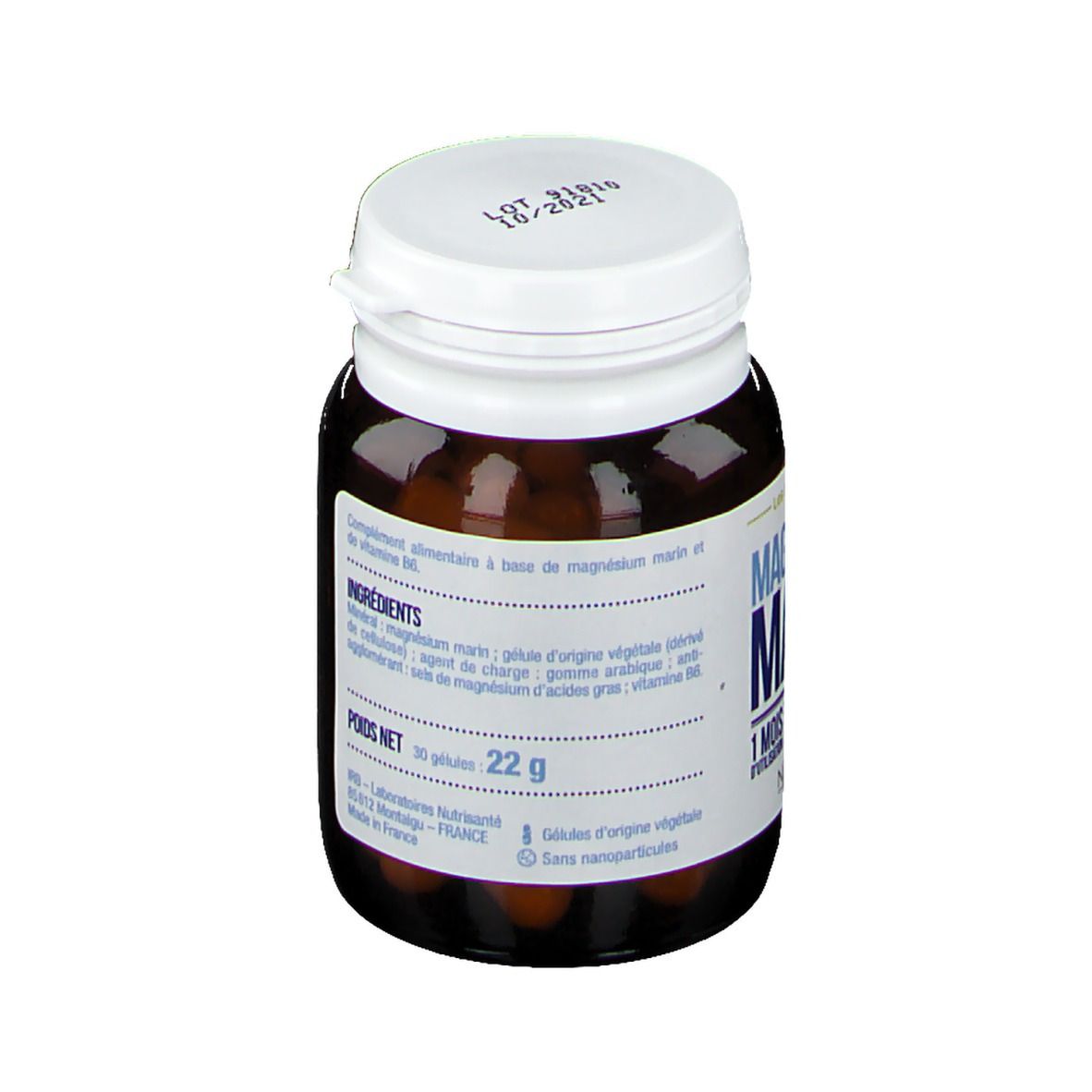 Flacon brun, bouchon blanc. Inscription: Ingrédients, poids net 22g. Marque: Nutrisanté.