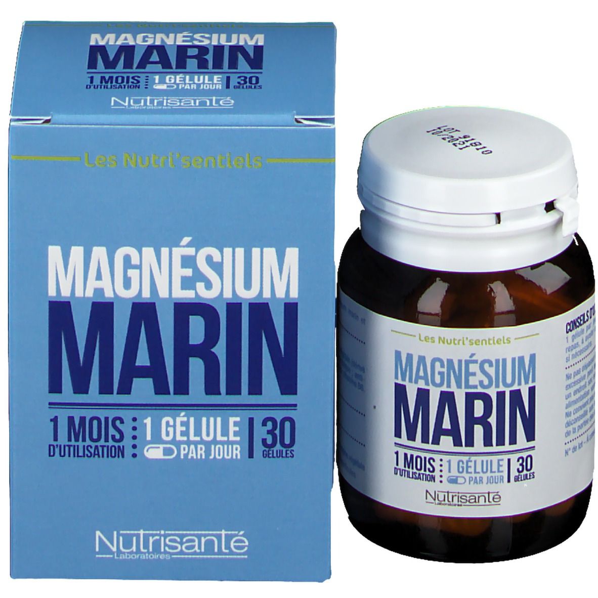 Emballage produit avec flacon. Inscription: MAGNÉSIUM MARIN, 1 mois, 1 gélule par jour. Marque: Nutrisanté.