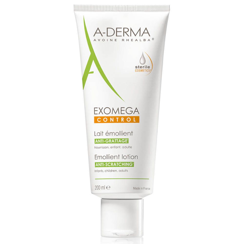 Weiße Tube A-Derma EXOMEGA CONTROL. Emollient Lotion, 200 ml. Sterile Kosmetik. Grün-weiße Schrift.