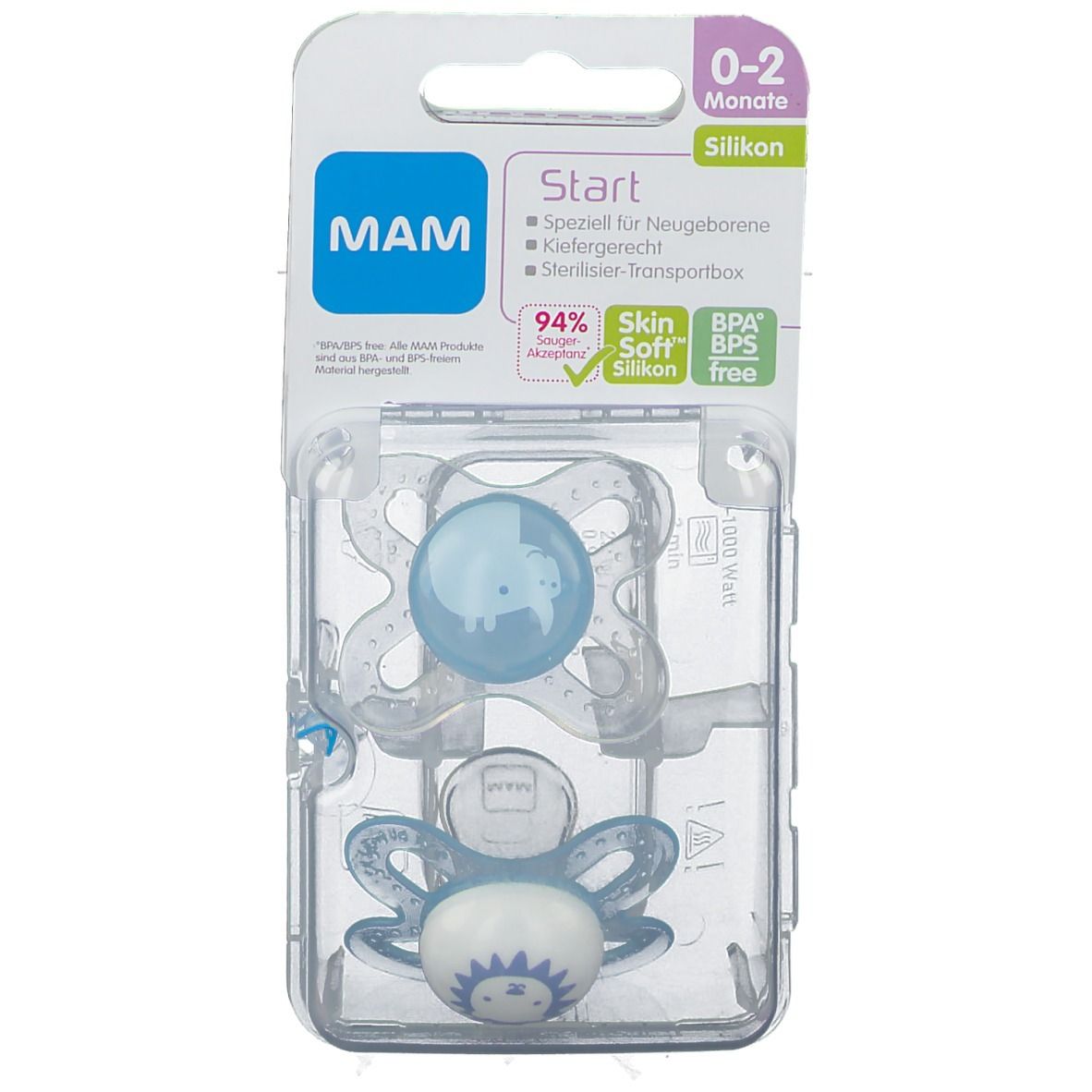 Sucettes MAM Start en silicone, 0-2 mois, dans un emballage. Deux sucettes bleues, adaptées à la mâchoire, en silicone.