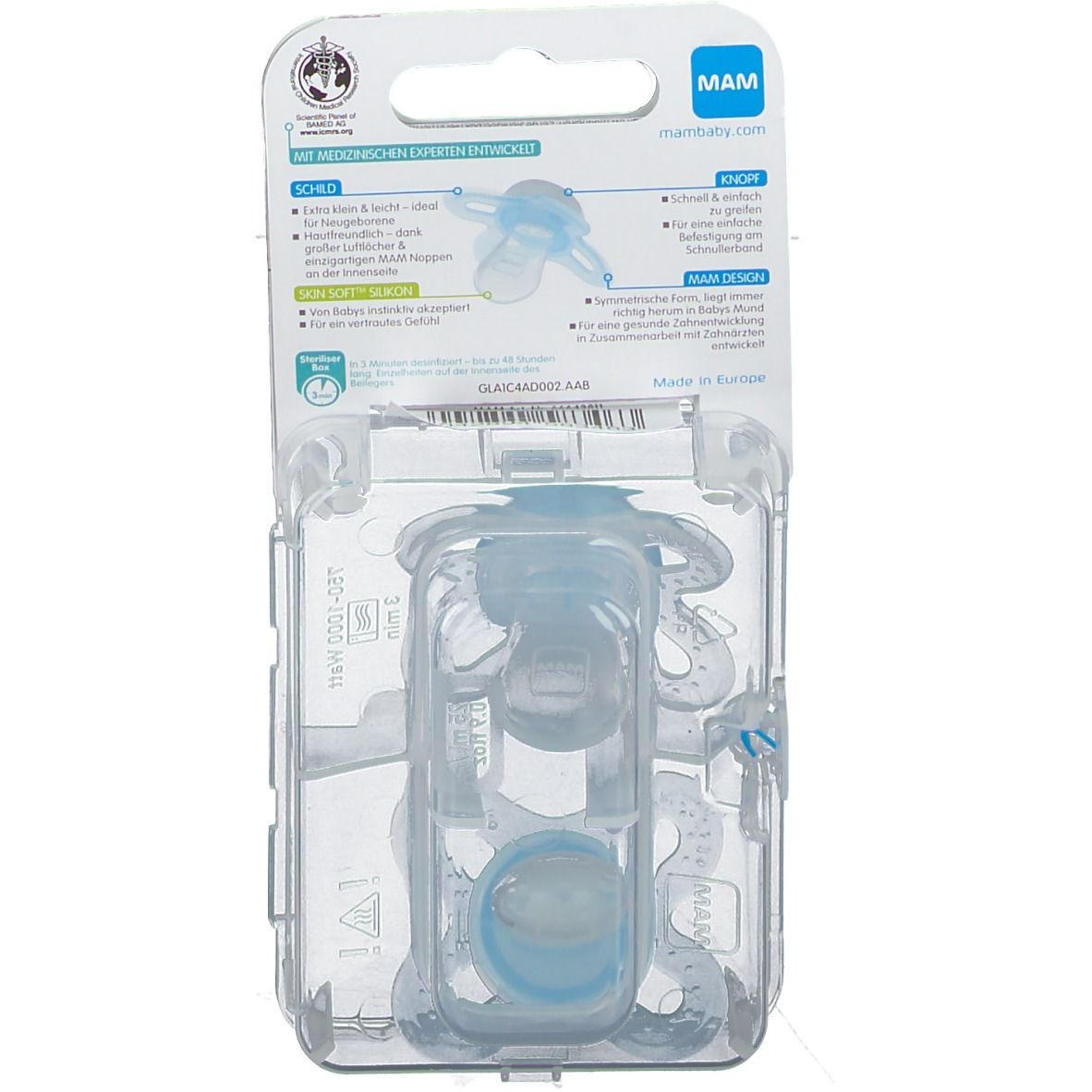 Dos de l'emballage des sucettes MAM Start en silicone. Deux sucettes bleues dans un emballage plastique transparent.