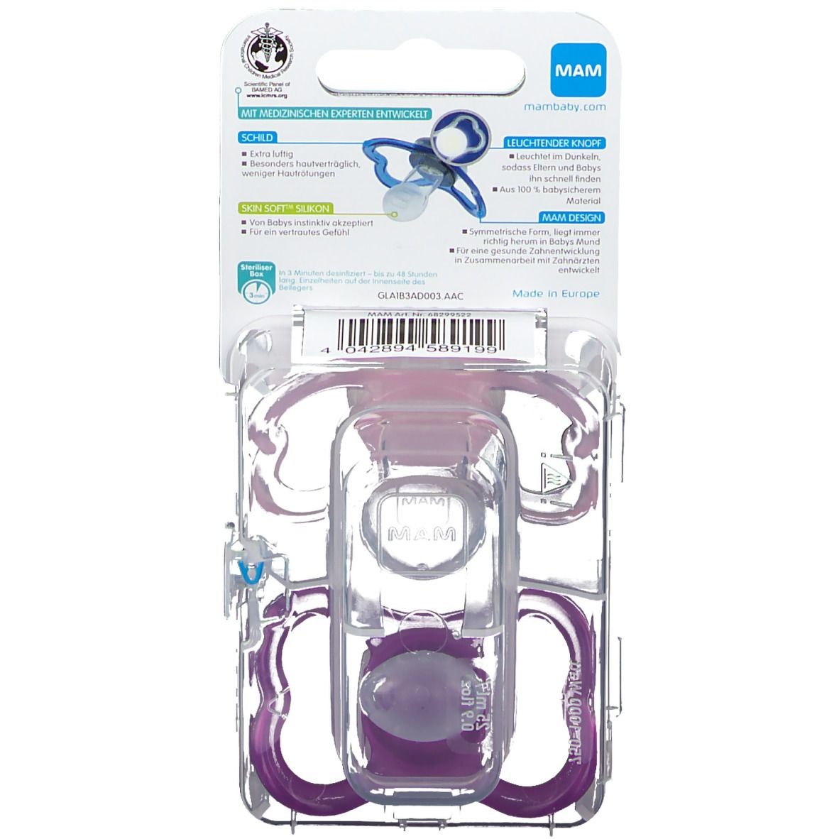 Rückseite der MAM Air Night Schnuller-Verpackung. Informationen zu Material, Design und Zertifizierungen.