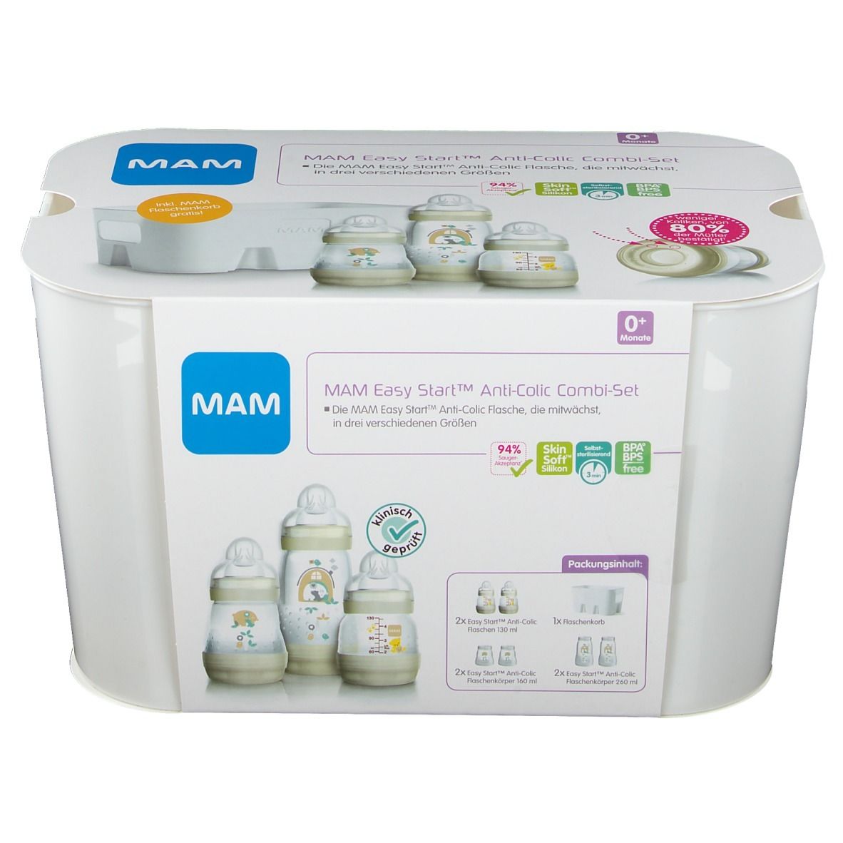 MAM Easy Start Anti-Colic Combi-Set. Weißer Behälter mit Produktabbildungen und Text. Enthält Flaschen und Zubehör.