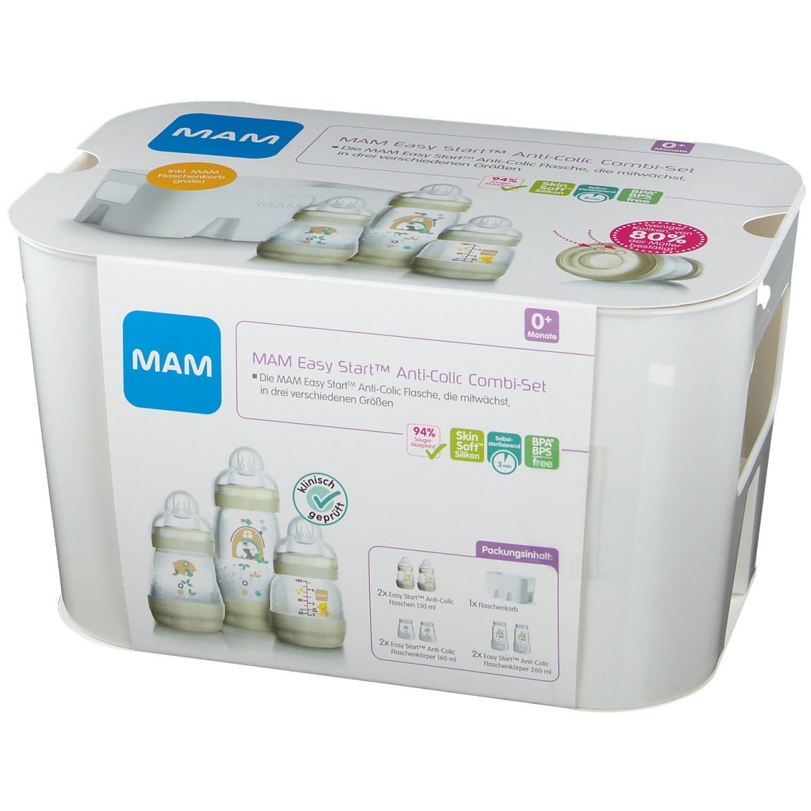 MAM Easy Start Anti-Colic Combi-Set. Weiße Verpackung mit Produktabbildungen und Text. Enthält Flaschen und Zubehör.