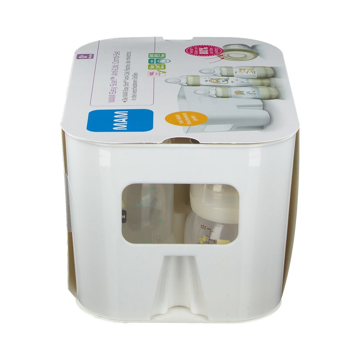 MAM Easy Start Anti-Colic Combi-Set. Weiße Verpackung mit Produktabbildungen. Flaschen durch Fenster sichtbar.