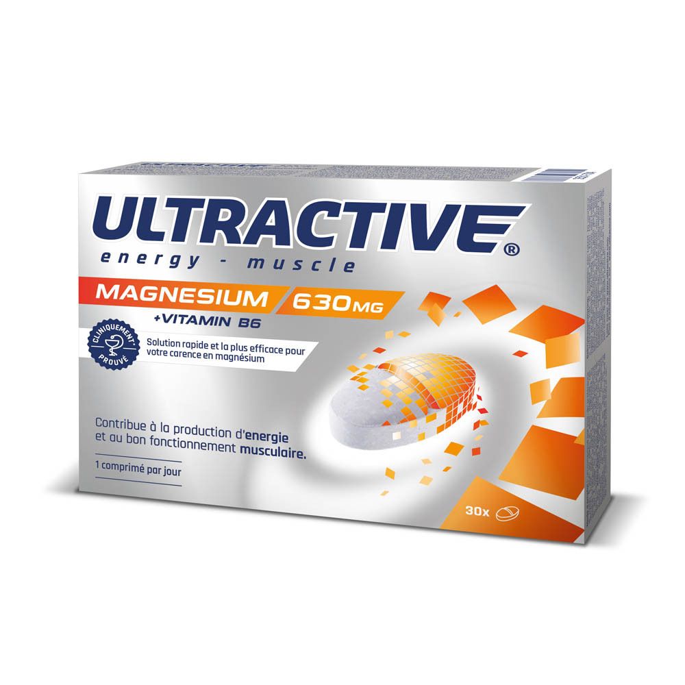 Boîte de Ultractive Magnésium avec Vitamine B6, 630mg. Énergie, muscles, relaxation.