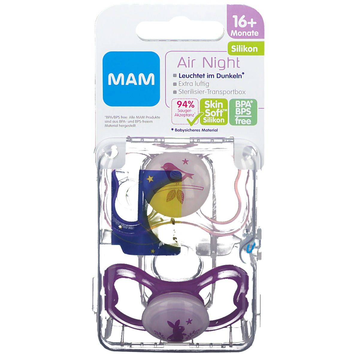 MAM Air Night Schnuller in Verpackung. Silikon, 16+ Monate. Sterilisierbarer Transportbox. Leuchtet im Dunkeln.