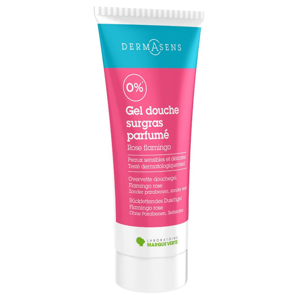 Dermasens Duschgel Rosa Flamingo in Tube. Rosa, weiß und türkise Farbgebung. Text: Gel douche surgras parfumé. Logo.