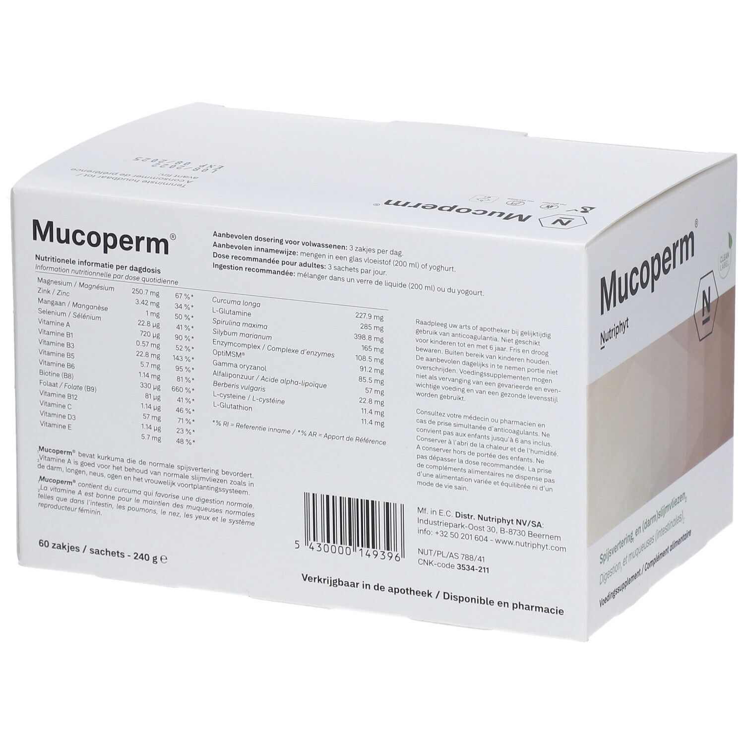 Weiße Schachtel mit Mucoperm Nutriphyt-Logo. Rückseite mit Nährwertinformationen und Inhaltsstoffen.