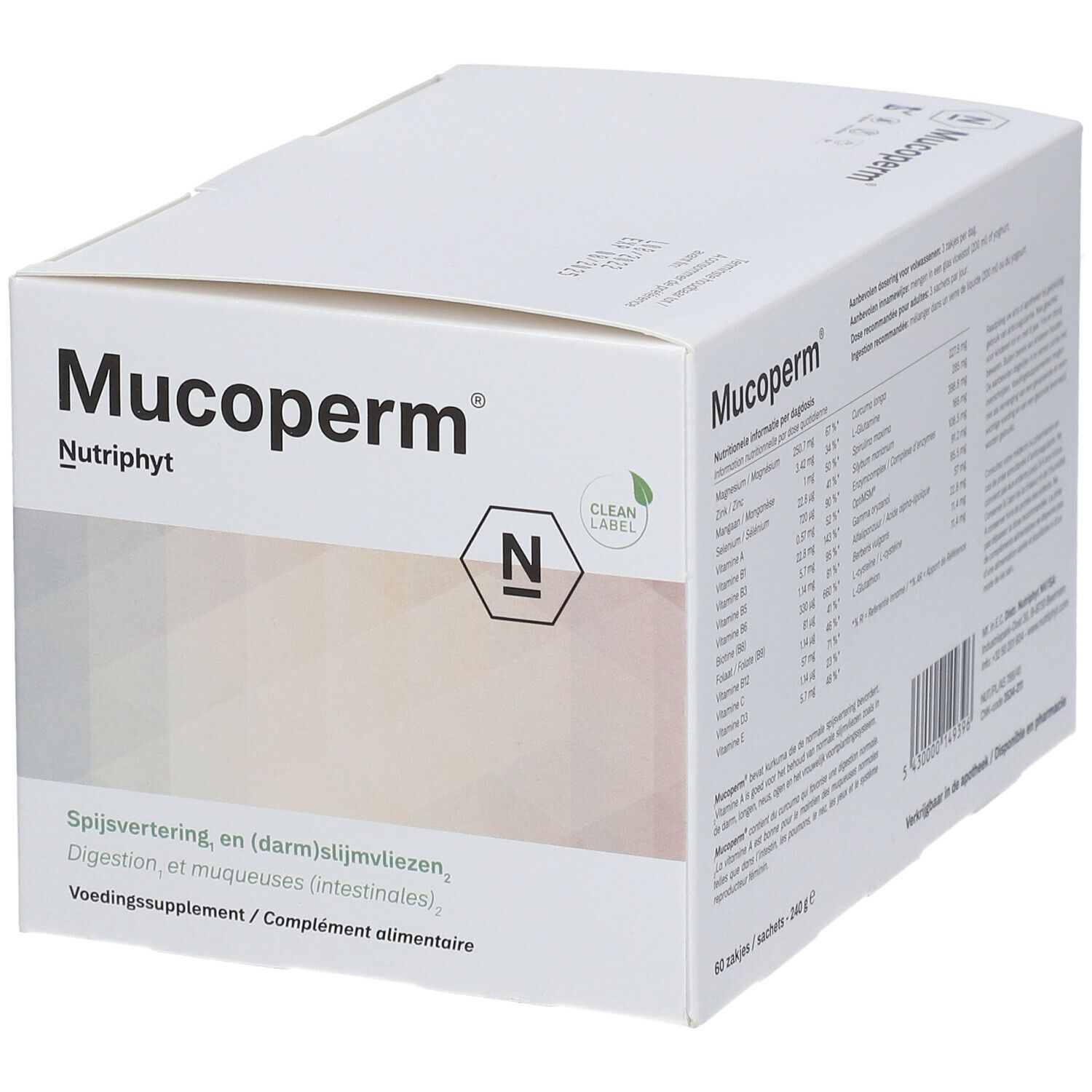 Weiße Schachtel mit Mucoperm Nutriphyt-Logo. Aufdruck: Spijsvertering, Digestion, Voedingssupplement.