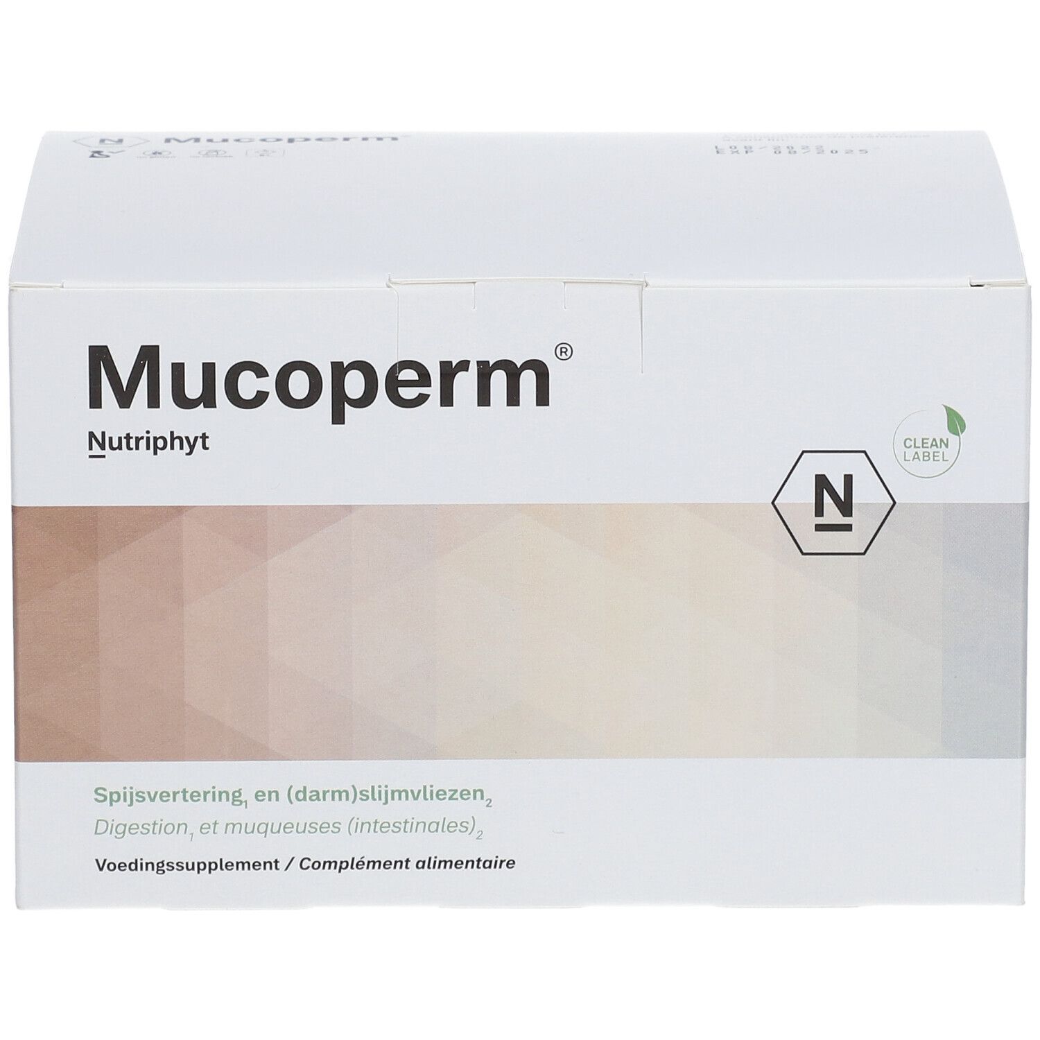 Weiße Schachtel mit Mucoperm Nutriphyt-Logo. Aufdruck: Spijsvertering, Digestion, Voedingssupplement.