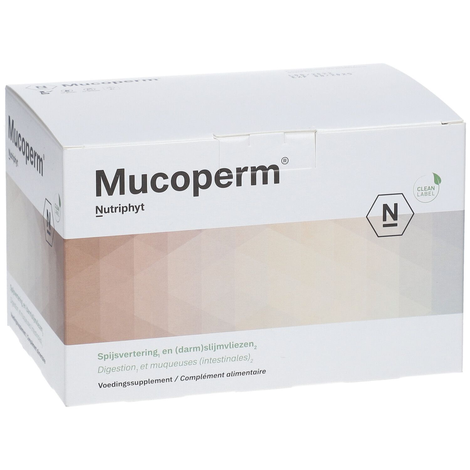 Weiße Schachtel mit Mucoperm Nutriphyt-Logo. Aufdruck: Spijsvertering, Digestion, Voedingssupplement.