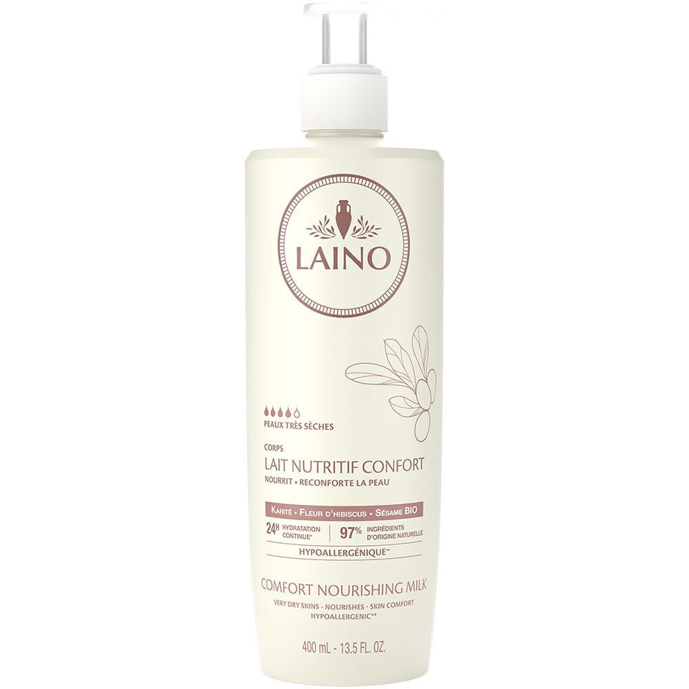Flacon beige avec pompe. Logo LAINO et nom du produit. Texte: Lait Nutritif Confort, 400 ml.