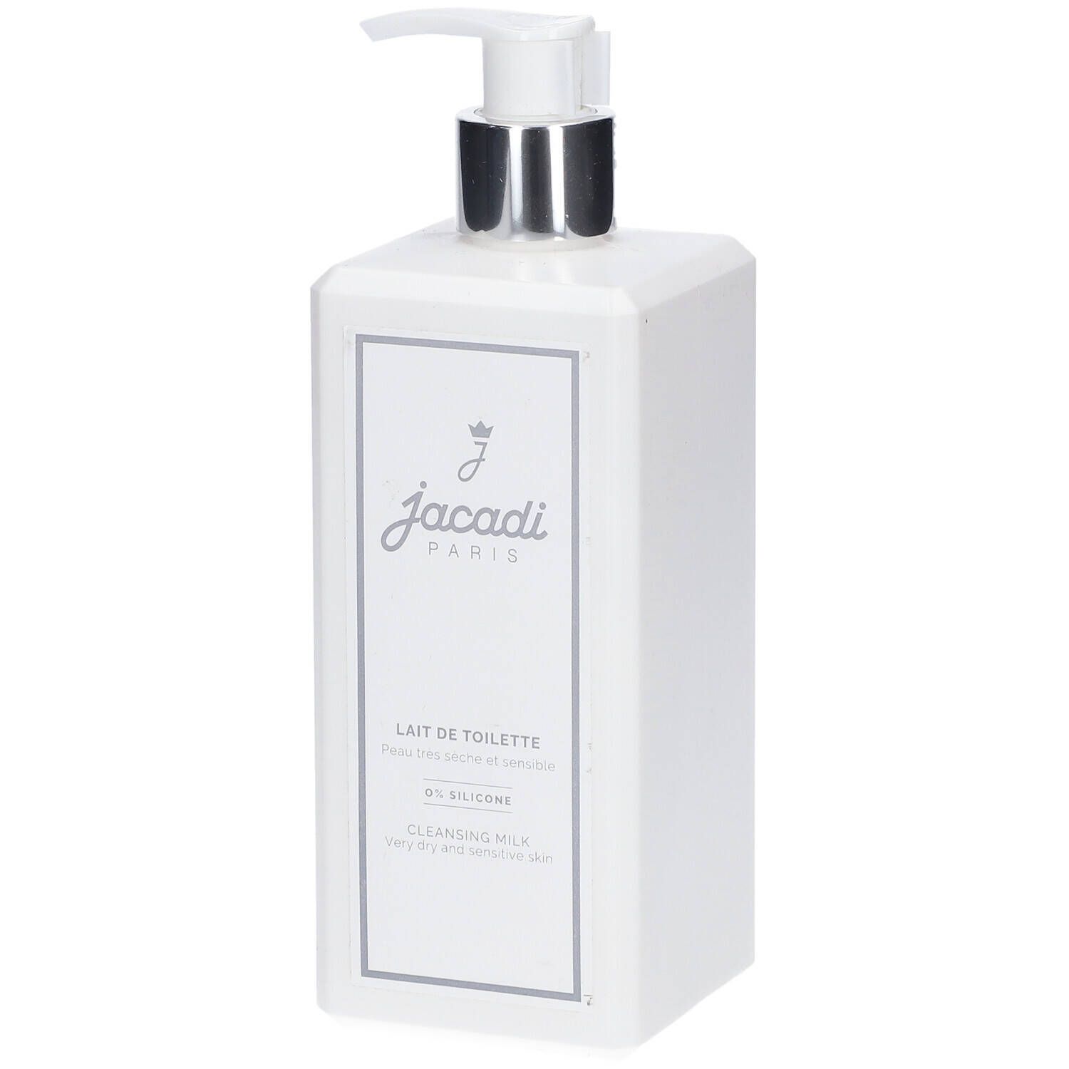 Weißer Flakon mit silbernem Pumpkopf. Aufschrift: jacadi PARIS, LAIT DE TOILETTE, 0% SILICONE, CLEANSING MILK.