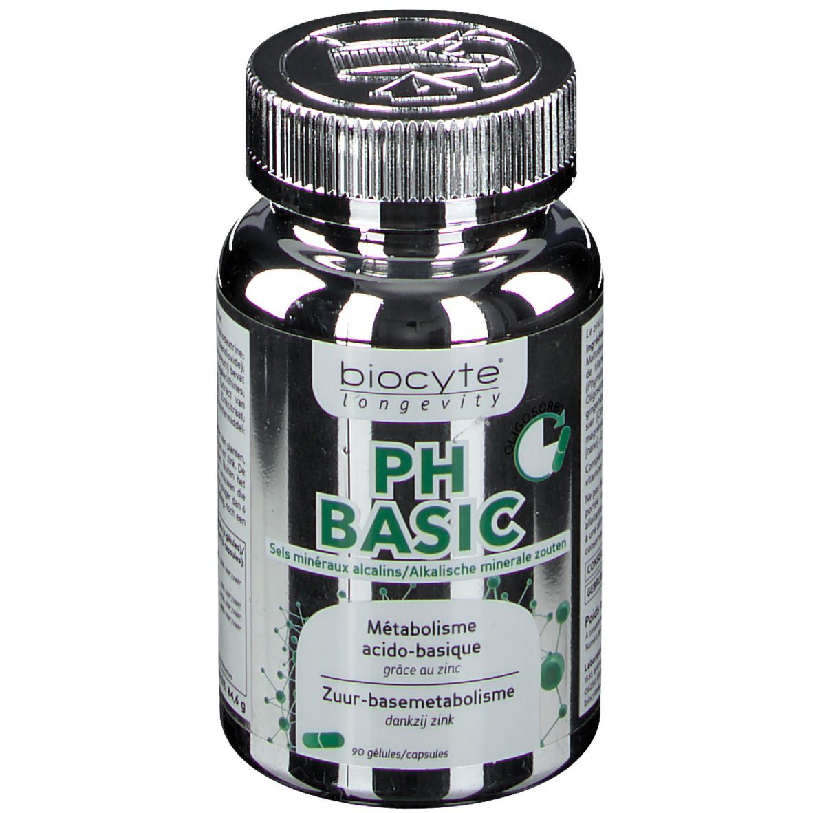 Dunkle Flasche mit silbernem Deckel. Aufschrift: Biocyte pH Basic. Enthält Mineralstoffe. 90 Kapseln.